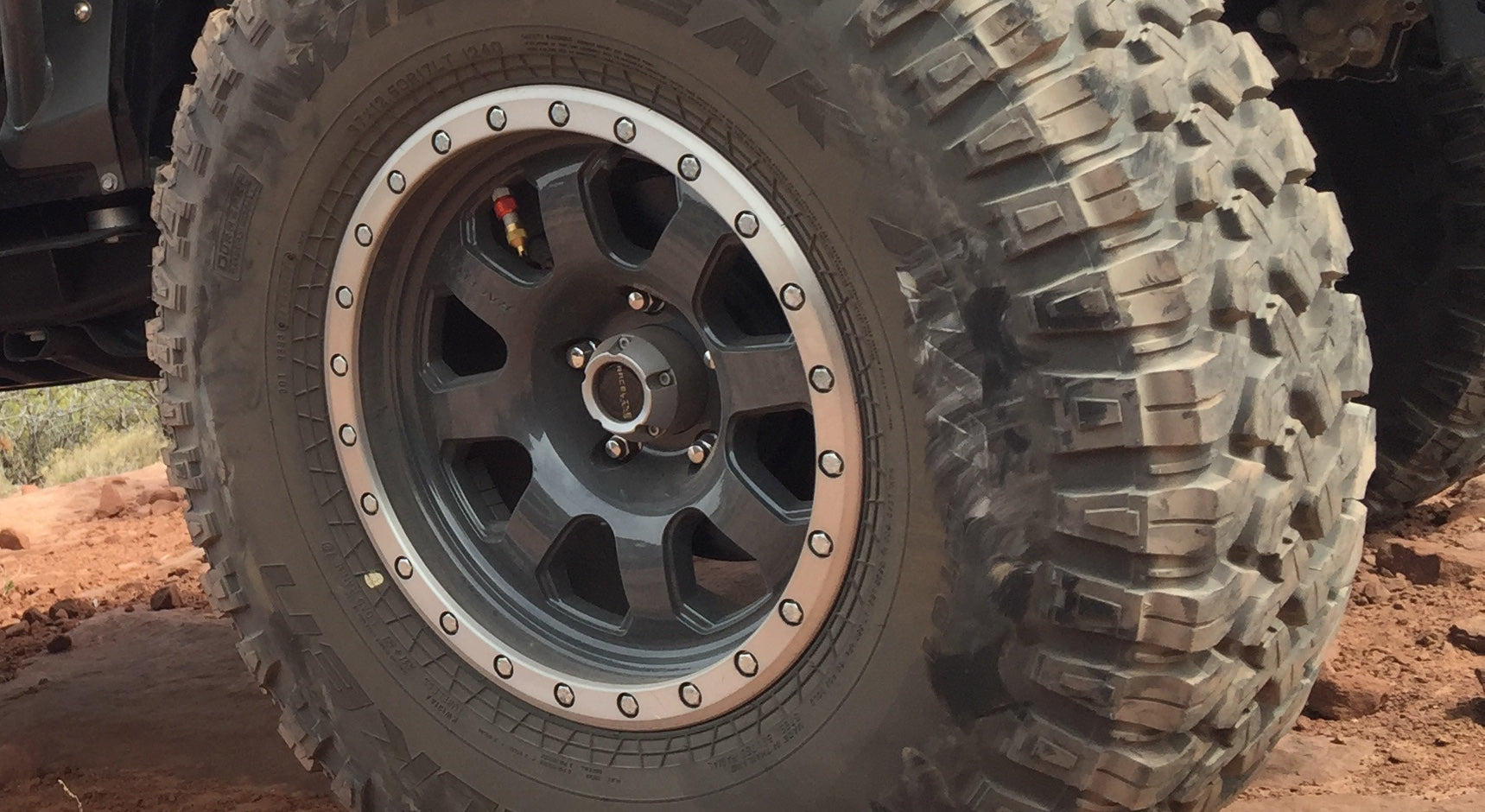 Monster valve installed in raceline wheel on power tank jeep