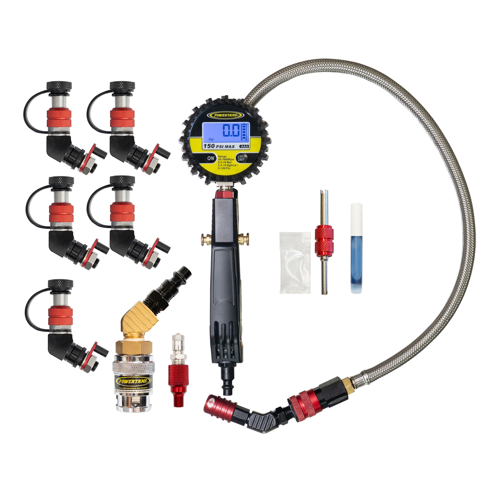 Monster Valve™ Primary - Standard Valve Stem Mount - 5 pack with Ventoso™ RED Tire Inflator Gauge