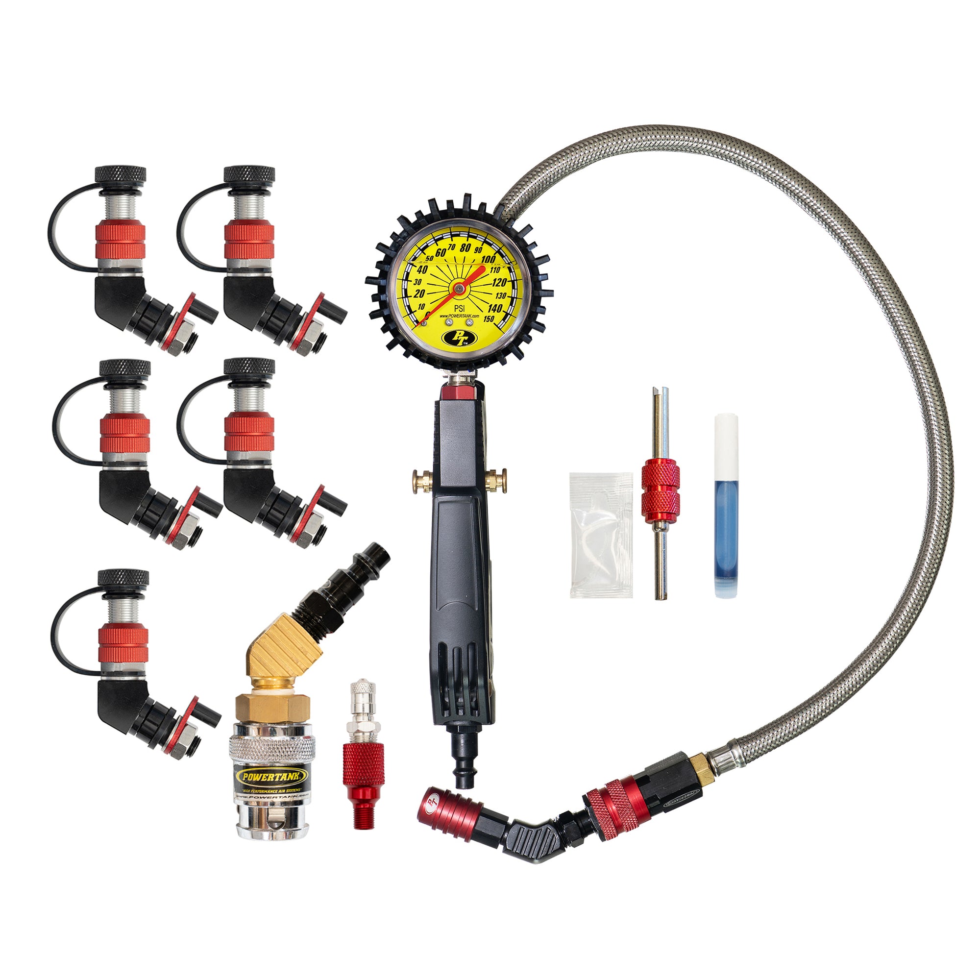 Monster Valve™ Primary - Standard Valve Stem Mount - 5 pack with Ventoso™ RED Tire Inflator Gauge