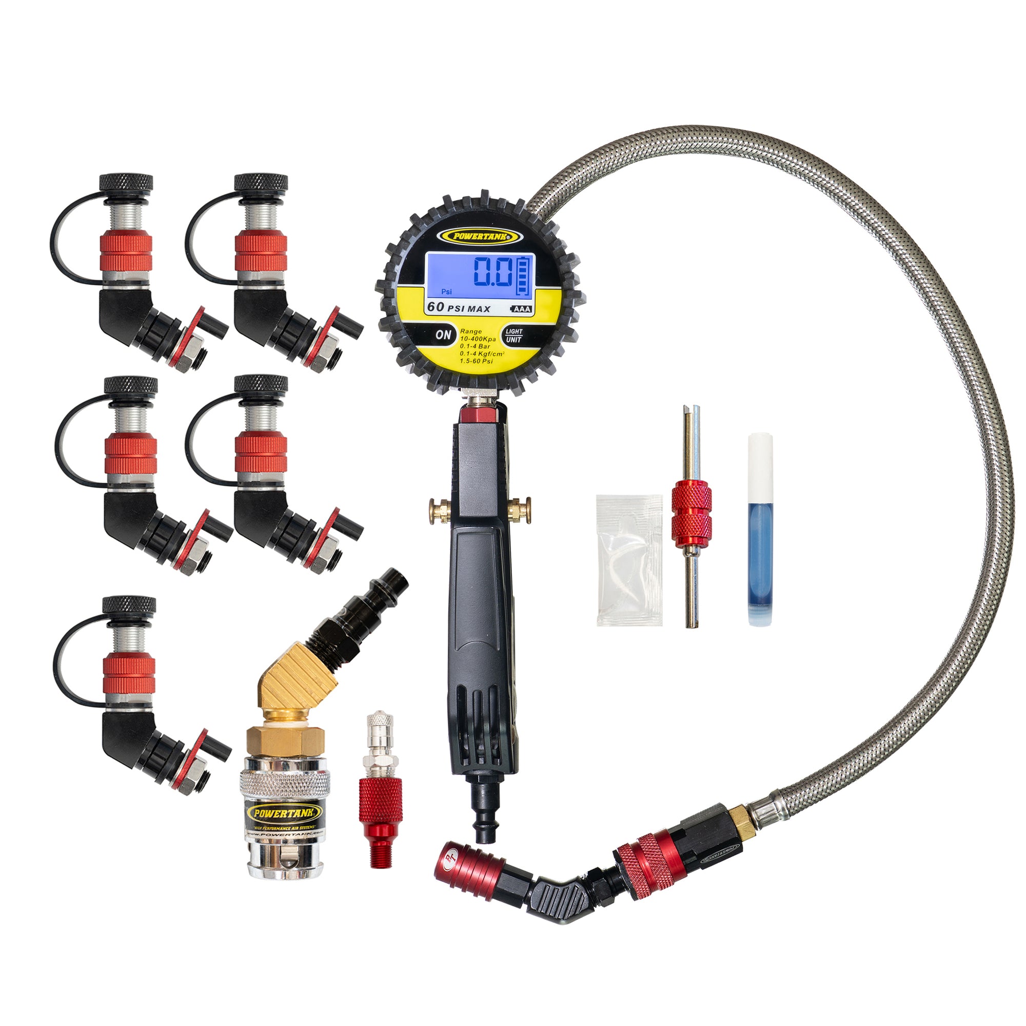 Monster Valve™ Primary - Standard Valve Stem Mount - 5 pack with Ventoso™ RED Tire Inflator Gauge