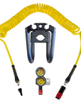 Regulator kit including a yellow coiled hose, black and silver regulator, and additional fittings and a gauge.