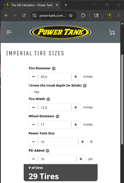 Power Tank Tire Fill Calculator Preview
